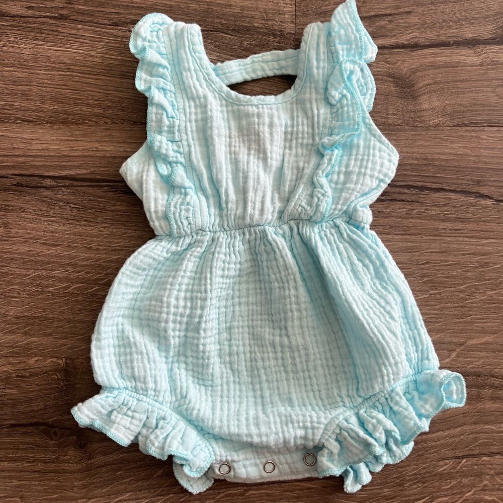 Baby blue muslin romper size 6-9